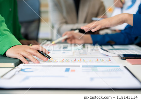 Business meeting time.  account managers crew working with new startup project. Idea presentation, analyze plans. 118143114