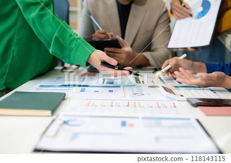 Business meeting time.  account managers crew working with new startup project. Idea presentation, analyze plans. 118143115