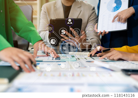 Business meeting time.  account managers crew working with new startup project. Idea presentation, analyze plans. 118143116