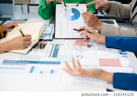 Business meeting time.  account managers crew working with new startup project. Idea presentation, analyze plans. 118143120