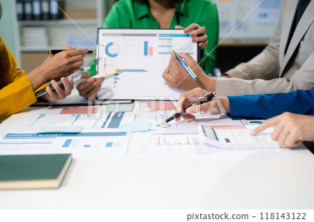 Business meeting time.  account managers crew working with new startup project. Idea presentation, analyze plans. 118143122