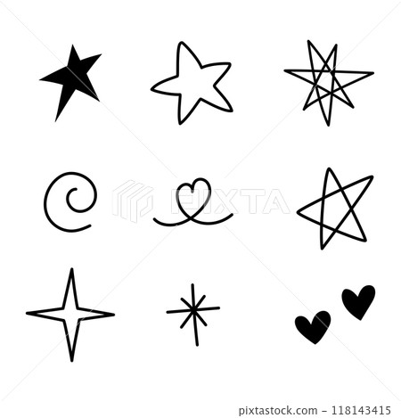 Doodle hand drawn. Element of star, sparkle, heart and music. Black and white Doodle hand drawn. Element of star, sparkle, heart and music. Black and white 118143415