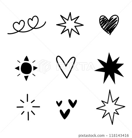 Doodle hand drawn. Element of star, sparkle, heart and music. Black and white Doodle hand drawn. Element of star, sparkle, heart and music. Black and white 118143416