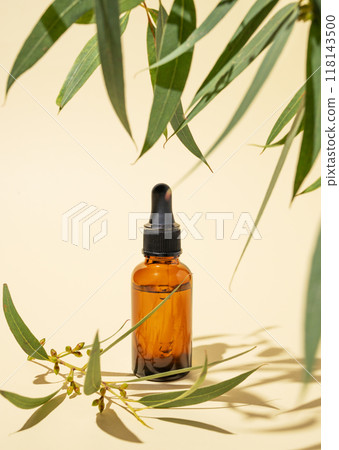 Face and body serum in bottle on a yellow background with green leaves and shadow. Face and body serum in bottle on a yellow background with green leaves and shadow. 118143500