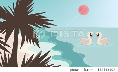 Landscape at sunset on an exotic natural background, Summer and Travel concept design with tropical beach and palm trees, poster with two white swans in love, love concept Landscape at sunset on an exotic natural background, Summer and Travel concept design with tropical beach and palm trees, poster with two white swans in love, love concept 118143592