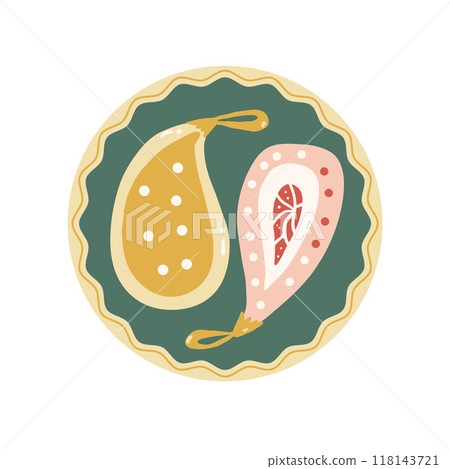 Christmas round sticker with glass paisley baubles. Happy New Year retro design. Vector hand drawn illustration isolated on white background. Christmas round sticker with glass paisley baubles. Happy New Year retro design. Vector hand drawn illustration isolated on white background. 118143721