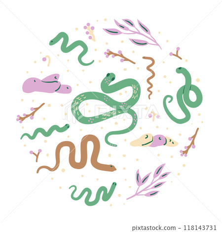 Snakes round badge. Chinese New Year snake circle emblem. Vector hand drawn flat illustration isolated on white background. 118143731