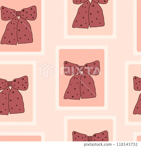 Bows seamless pattern. Pink wrapping band patchwork repeat background. Bowknots retro post stamps endless design. Vector hand drawn flat illustration. 118143732