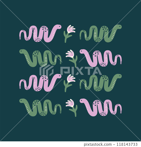 Snakes and florals poster. Reptile animals background. Dark card. Vector hand drawn flat illustration 118143733