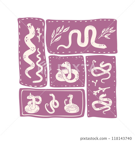 Patchwork poster with snakes elements arranged in rectangular segments isolated on white background. Vector hand drawn illustration Patchwork poster with snakes elements arranged in rectangular segments isolated on white background. Vector hand drawn illustration 118143740