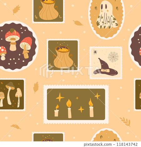 Halloween checked seamless pattern. Bento box witch hat, candles and poison mushrooms repeat background. Festive ghost and cauldron retro stamps endless surface. Vector hand drawn illustration. 118143742