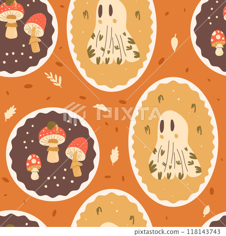 Halloween ghosts and fly agaric seamless pattern. Oval emblem with ghoul repeat background. Cute monster retro circular autumn festive badge endless surface design. Vector hand drawn illustration Halloween ghosts and fly agaric seamless pattern. Oval emblem with ghoul repeat background. Cute monster retro circular autumn festive badge endless surface design. Vector hand drawn illustration 118143743
