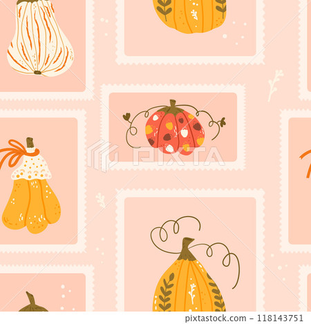 Pumpkin checked seamless pattern. Bento box autumn harvest repeat background. Halloween retro stamps endless design. Vector hand drawn flat illustration. 118143751