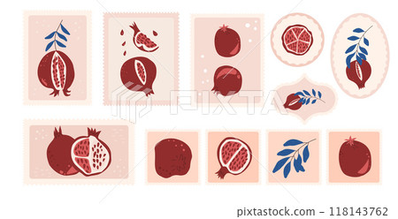 Pomegranates stamps and emblems featuring whole, half and cut fruits and leaves. Stickers with pomegranate. Vector hand drawn flat collection Pomegranates stamps and emblems featuring whole, half and cut fruits and leaves. Stickers with pomegranate. Vector hand drawn flat collection 118143762