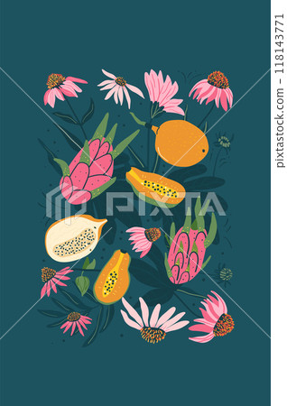 Fruits and wildflowers background. Sweet granadilla, dragonfruit and coneflowers dark poster. Dark tropical card. Vector hand drawn illustration Fruits and wildflowers background. Sweet granadilla, dragonfruit and coneflowers dark poster. Dark tropical card. Vector hand drawn illustration 118143771