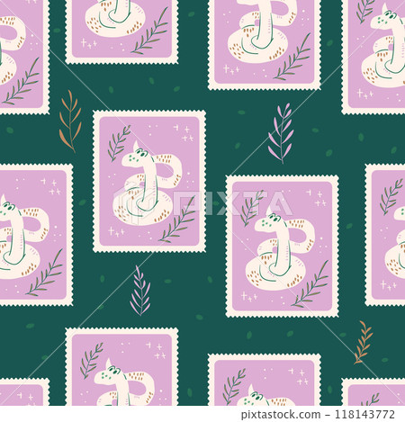 Snakes post stamps seamless pattern. Pink reptiles repeat on dark background. Animal surface pattern design. Vector hand drawn illustration. Snakes post stamps seamless pattern. Pink reptiles repeat on dark background. Animal surface pattern design. Vector hand drawn illustration. 118143772