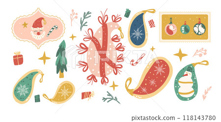 Set of Christmas baubles. Happy New Years kit. Vector hand drawn collection illustration isolated on white background. 118143780