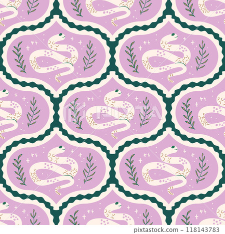 Snakes damask seamless pattern. Reptiles repeat background. Animal surface pattern design. Vector hand drawn flat illustration. Snakes damask seamless pattern. Reptiles repeat background. Animal surface pattern design. Vector hand drawn flat illustration. 118143783