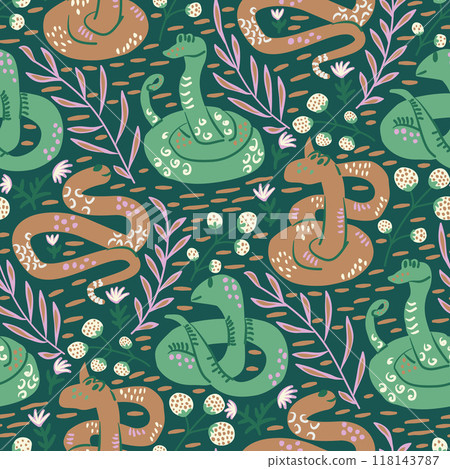 Snakes seamless pattern. Reptiles and plants repeat background. Animalistic surface pattern design. Perfect for nursery wallpaper, kids fabric. Vector hand drawn flat illustration. 118143787