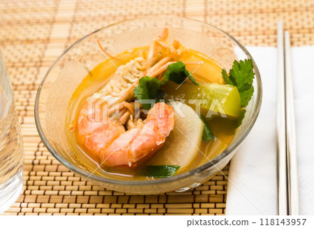 Thai soup with seafood and vegetables 118143957