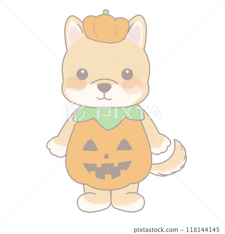 Illustration of a dog dressed up as a pumpkin for Halloween Illustration of a dog dressed up as a pumpkin for Halloween 118144145