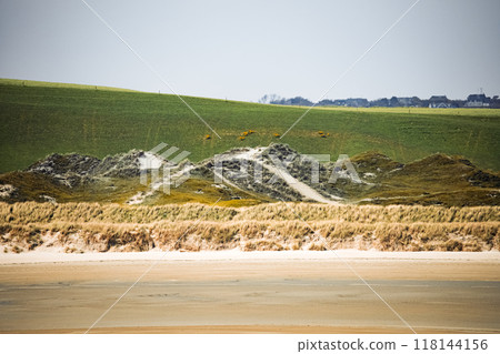 The sandy beach features natural dunes with low vegetation and a backdrop of rolling green hills under a clear daytime sky, creating a peaceful coastal environment. 118144156