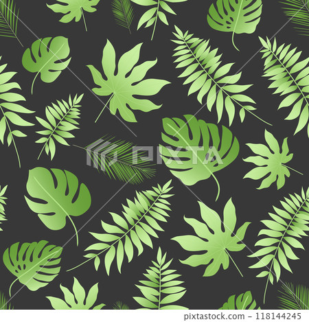 Jungle foliage botanical seamless ornament. Retro fabric swatch vector design. Fresh philodendron leaves. Jungle backdrop. Jungle foliage botanical seamless ornament. Retro fabric swatch vector design. Fresh philodendron leaves. Jungle backdrop. 118144245