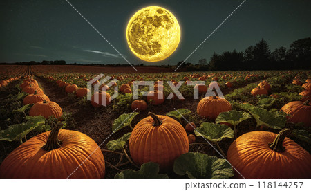 Full moon and pumpkin field - AI generated image 118144257