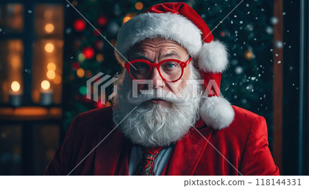 A unique and creative take on a traditional Santa Claus, wearing red glasses and a serious expression. He stands in front of a warmly lit backdrop with softly falling snow, capturing a blend of whimsy 118144331