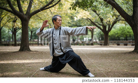 An elderly man practices tai chi in a tranquil park, surrounded by tall trees, embodying focus and calmness. An elderly man practices tai chi in a tranquil park, surrounded by tall trees, embodying focus and calmness. 118144353