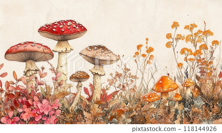 Detailed botanical illustration with plants and mushrooms 118144926