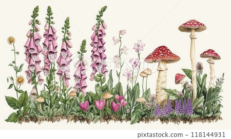 Detailed botanical illustration with plants and mushrooms Detailed botanical illustration with plants and mushrooms 118144931