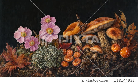 Detailed botanical illustration with plants and mushrooms 118144935