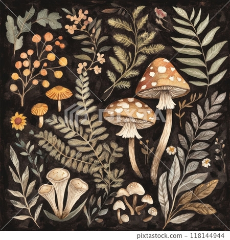 Detailed botanical illustration with plants and mushrooms 118144944