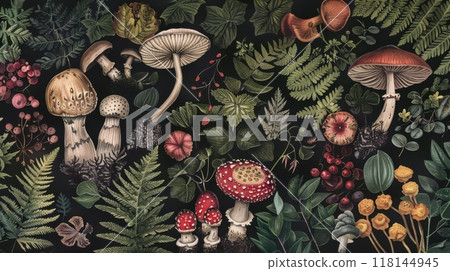 Detailed botanical illustration with plants and mushrooms Detailed botanical illustration with plants and mushrooms 118144945