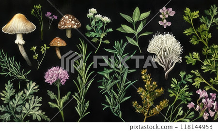 Detailed botanical illustration with plants and mushrooms 118144953