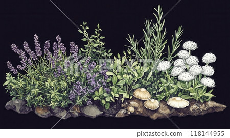 Detailed botanical illustration with plants and mushrooms Detailed botanical illustration with plants and mushrooms 118144955