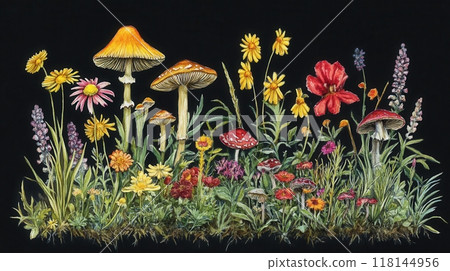 Detailed botanical illustration with plants and mushrooms 118144956