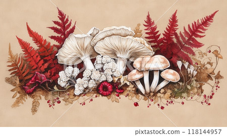 Detailed botanical illustration with plants and mushrooms 118144957