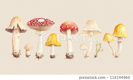 Detailed botanical drawing showcasing Amanita muscaria and and other mushrooms 118144960