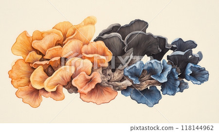 Detailed botanical drawing showcasing different mushrooms 118144962
