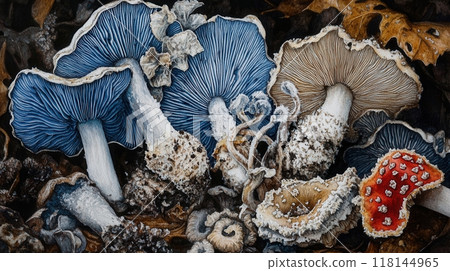Detailed botanical drawing showcasing different mushrooms 118144965