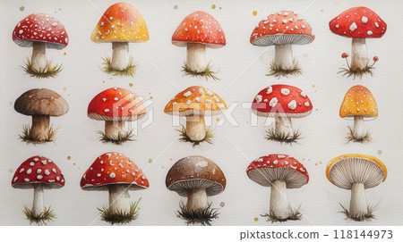 Detailed botanical drawing pattern showcasing different mushrooms Detailed botanical drawing pattern showcasing different mushrooms 118144973