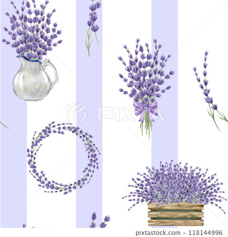 Lavender flower element vintage style decor seamless pattern. Watercolor illustration. Hand drawn lavandula herb wreath, bunch, bouquet decoration. Decorative elements with lavender seamless pattern Lavender flower element vintage style decor seamless pattern. Watercolor illustration. Hand drawn lavandula herb wreath, bunch, bouquet decoration. Decorative elements with lavender seamless pattern 118144996