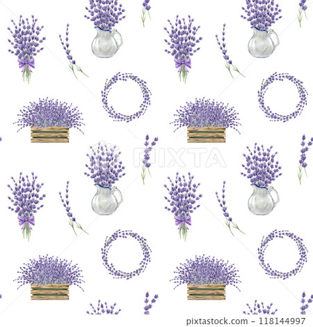 Lavender flower element decor seamless pattern. Watercolor vintage style illustration. Hand drawn lavandula herb wreath, bunch, bouquet decoration. Decorative elements with lavender seamless pattern Lavender flower element decor seamless pattern. Watercolor vintage style illustration. Hand drawn lavandula herb wreath, bunch, bouquet decoration. Decorative elements with lavender seamless pattern 118144997