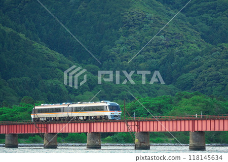 Kyoto Tango Railway KTR8500 crossing the Yura River Bridge, beautiful scenery of Tango 118145634