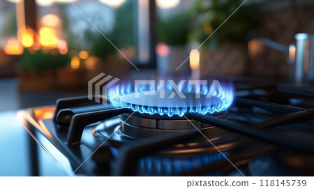Close-up of the blue flame on a burning gas stove burner Close-up of the blue flame on a burning gas stove burner 118145739