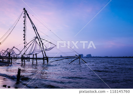 Chinese fishnets on sunset. Kochi, Kerala, India 118145760