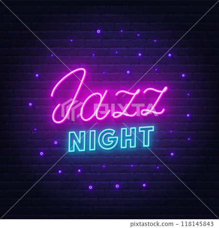 Jazz Night neon lettering on brick wall background Jazz Night neon lettering on brick wall background 118145843