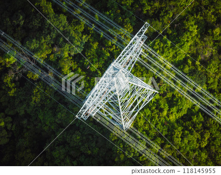 Aerial view of electricity tower on mountain Aerial view of electricity tower on mountain 118145955
